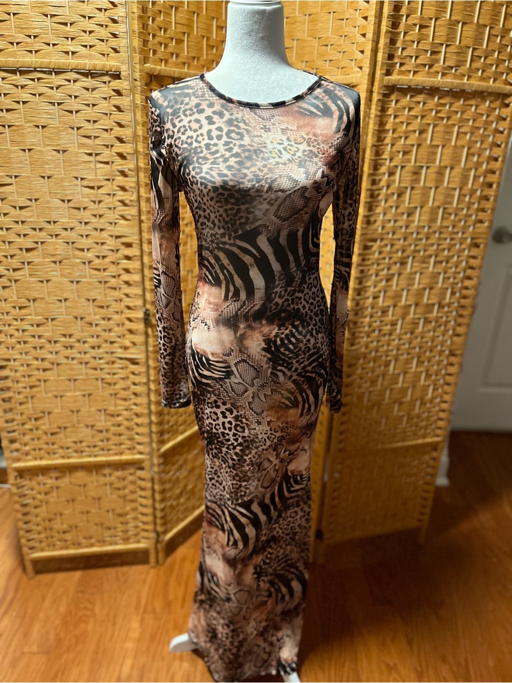Animal Print Long Sleeve Maxi Dress - Brown